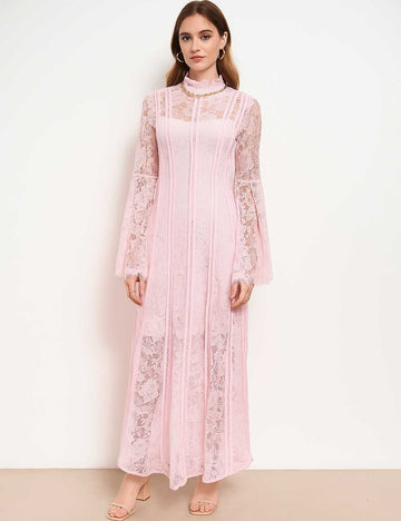 Ladies Floral Lace Stand Collar Bell Sleeves Maxi Dress