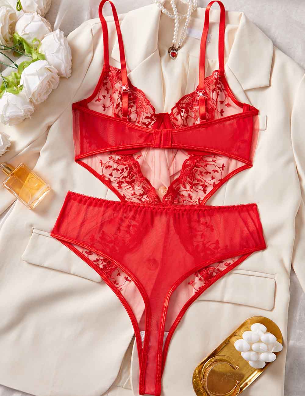 Ladies Sexy Embroidery See Through Lingerie Teddy