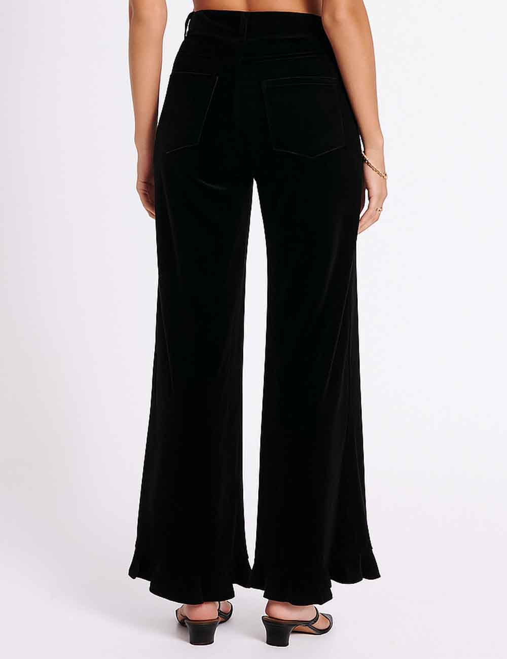 Ladies Velvet Solid Color Ruffled Wide Leg Pants
