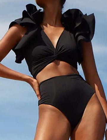 Ruffle Shoulder 2PCS Bikini Set with Salong SKSW40154