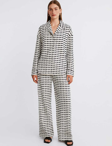 Ladies Striped Notched Collar Top Wide Leg Pants Set