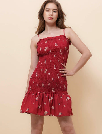 Ladies Floral Print Smocking Mini Dress SKD51130