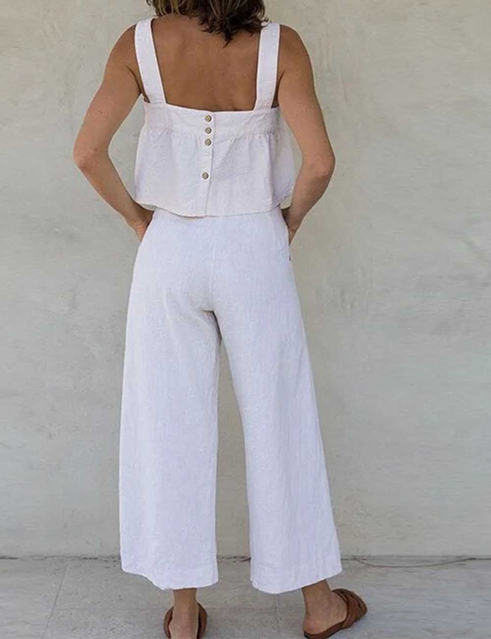 Ladies Solid Color Button Closure Cropped Tank Top & Pants Set