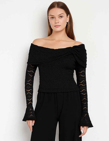 Ladies Solid Color Off-Shoulder Lace Ruched Bell Sleeves Top