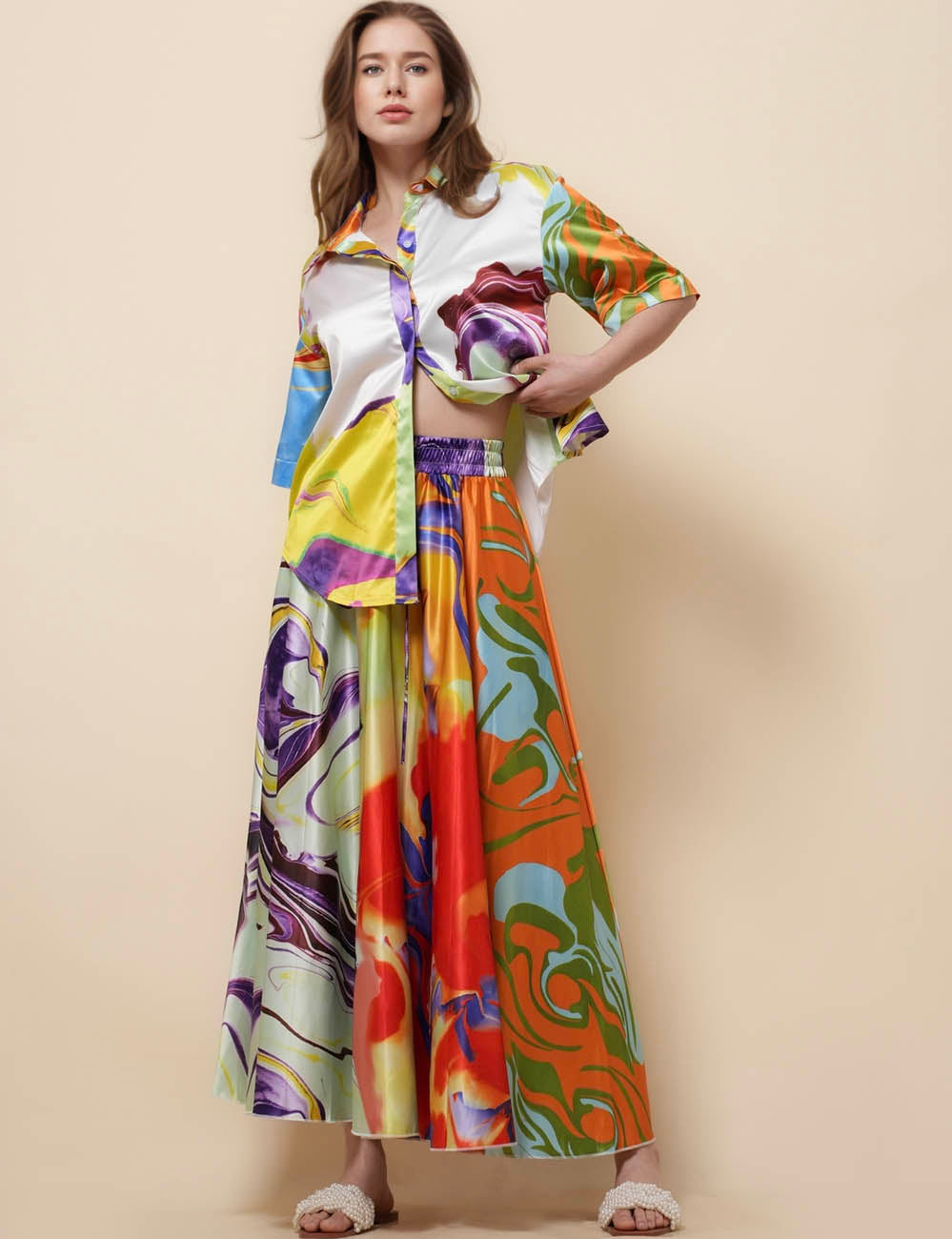 Ladies Multi Color Mid Sleeves Print Top & Skirt Set SKST51276