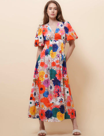 Ladies V-Neck Puff Sleeves Floral Print Midi Dress SKD51134