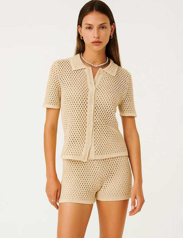 Ladies Hollow Out Knit Short Sleeves Shirt & Shorts Set
