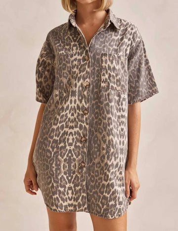 Ladies Leopard Turndown Collar Top & Skirt Denim Set