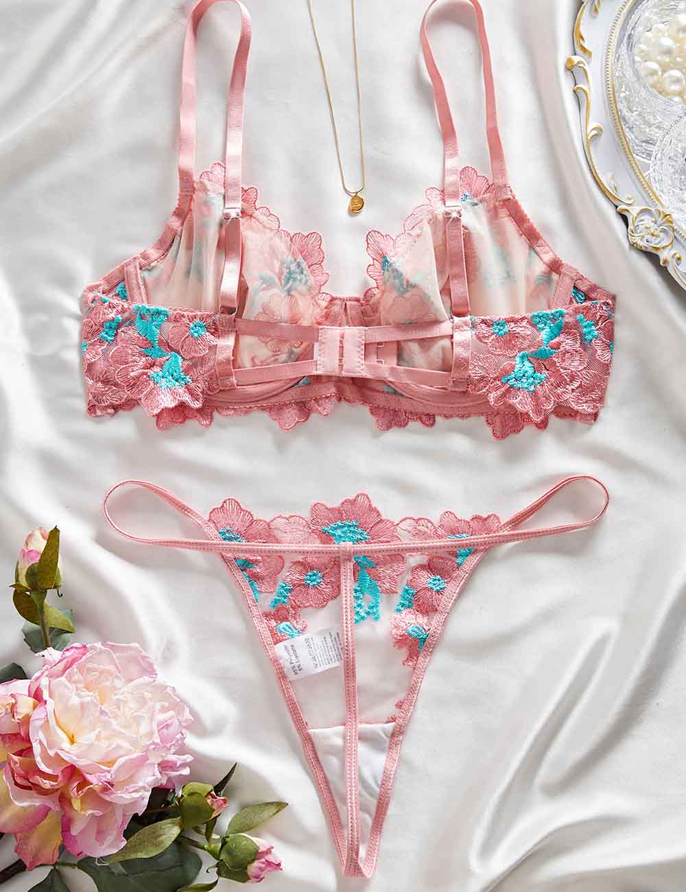 Ladies Sexy Color Block Embroidery Sheer Mesh Lingerie Set