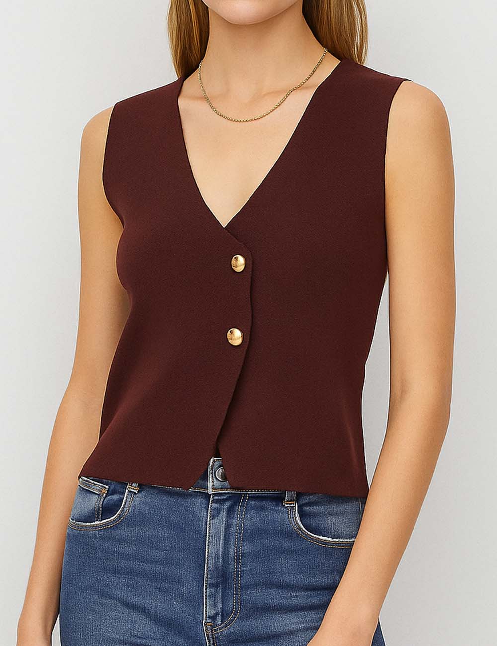 Ladies Solid Color V-Neck Sleeveless Button Knit Vest