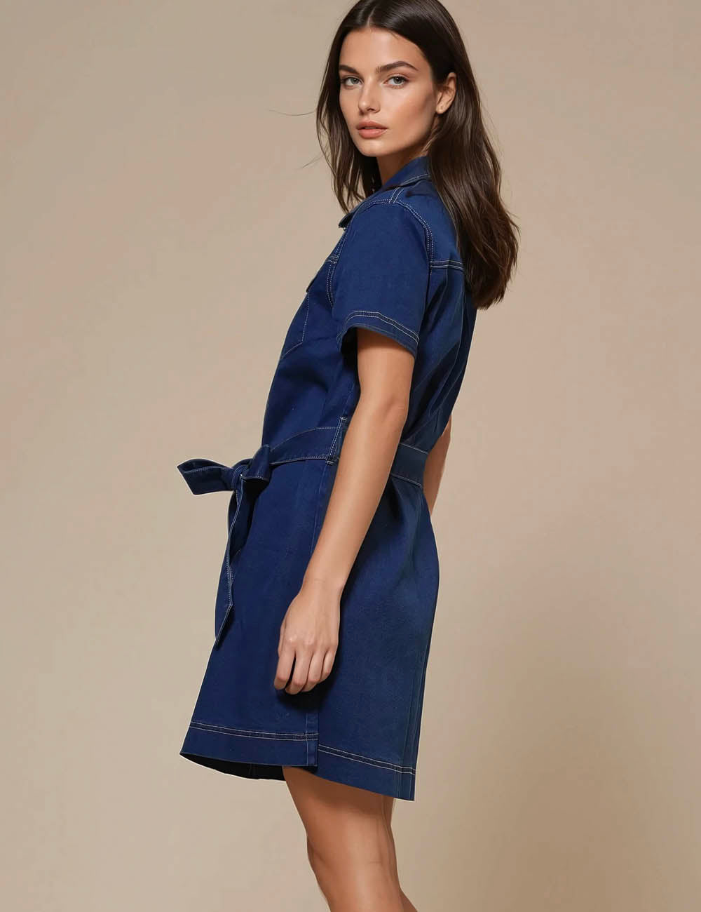 Ladies Short Sleeves Pockets Denim Mini Dress SKD50019