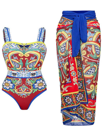 Ladies String Shoulder Print One Piece Swimwear with Salong