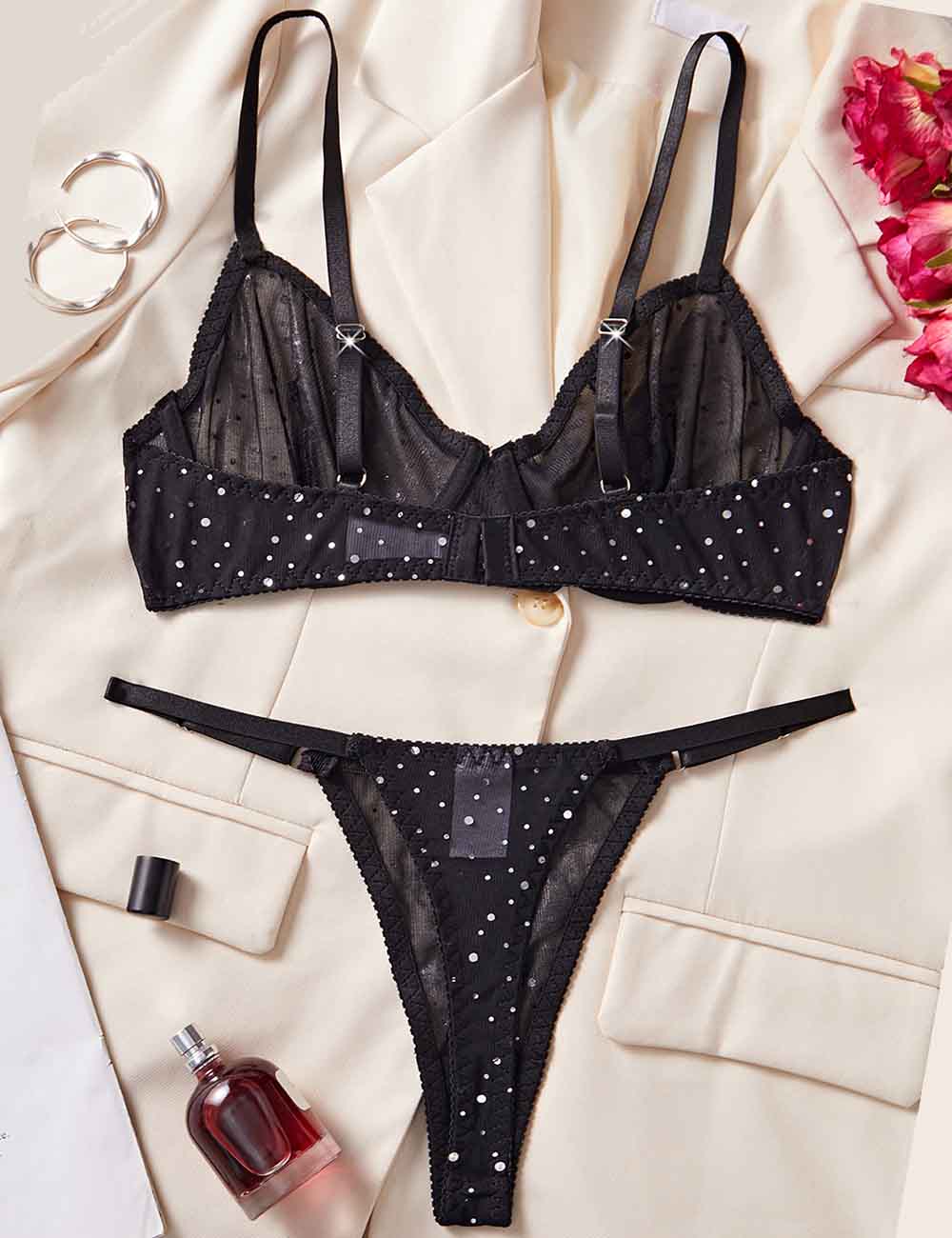 Ladies Sexy Color Block See Through Sequin Lingerie Set