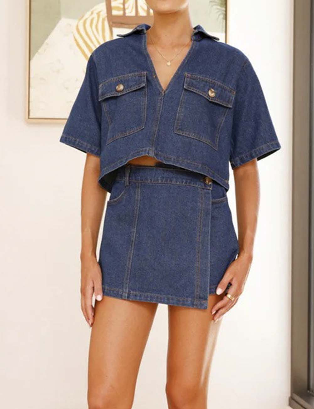 Ladies V-Neck Short Sleeves Button Pocket Top & Skort Denim Set