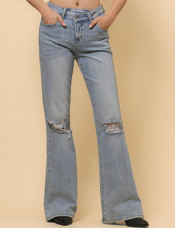 Ladies Distressed Jeans Flare Leg Denim Pants SKP4820