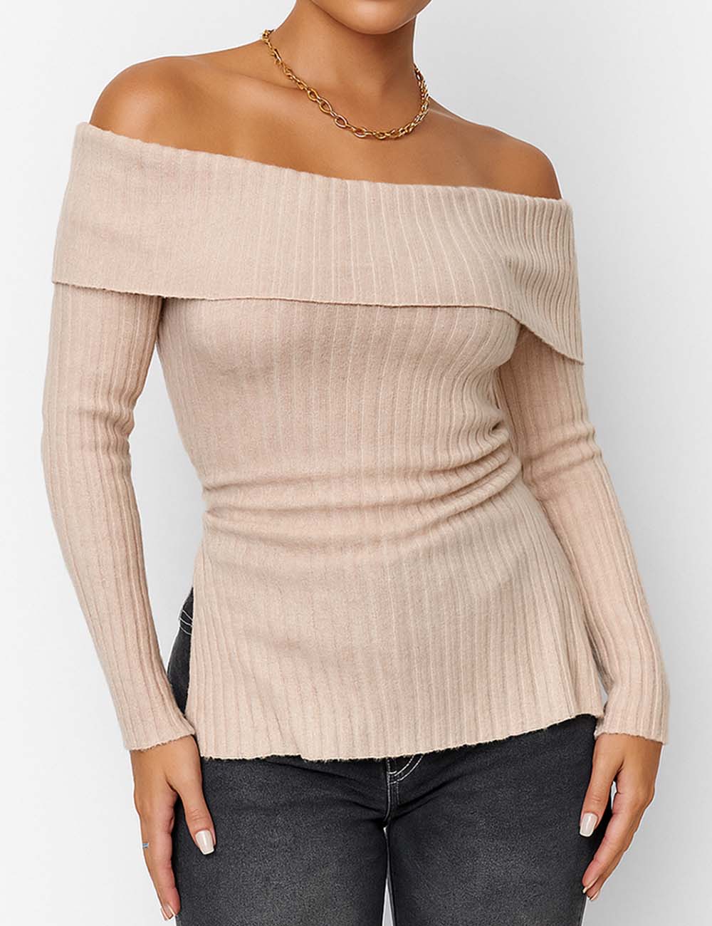 Ladies Solid Color Off Shoulder Knit Tee G2056