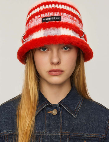 Ladies Colorful Ring Patch Plush Trim Knit Hat