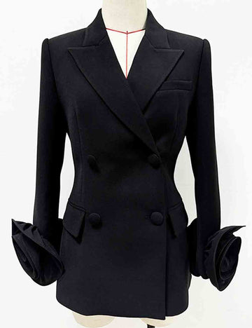Ladies 3D Flower Double-Breast Black Long Blazer 8SKBZ5VH14