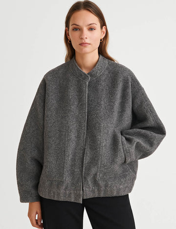Ladies Wool Blend Solid Color Stand Collar Button Coat