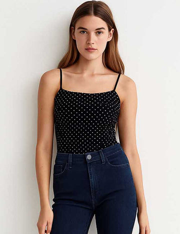Ladies Polka Dot Color Block Spaghetti Strap Sleeveless Bodysuit