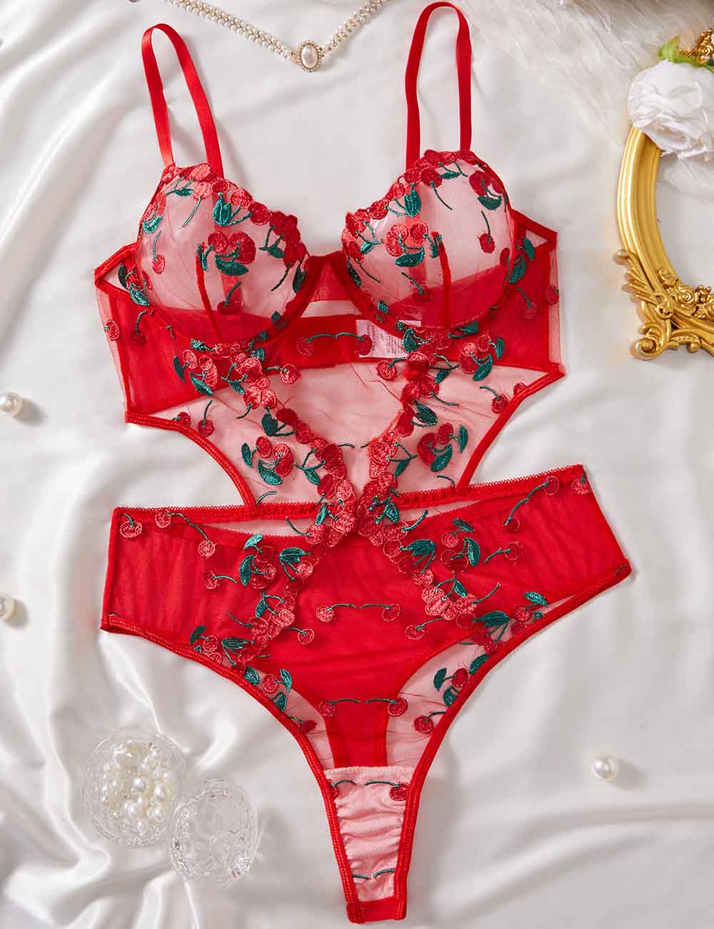 Ladies Sexy See Through Cherry Embroidery Lingerie Teddy