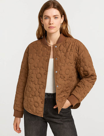Ladies Floral Pattern Quilted Baseball Collar Cotton Padded Jacket