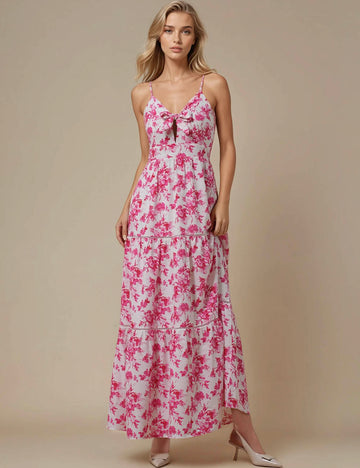 Ladies V-Neck String Shoulder Floral Print Maxi Dress JD5012