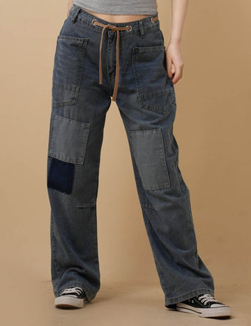 Ladies String Tie Jeans Demin Splice Straight Leg Pants 8SKP50370