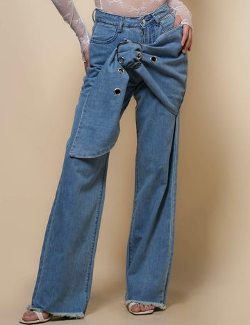 Ladies Mid Waist Straight Leg Denim Pants SKP50039