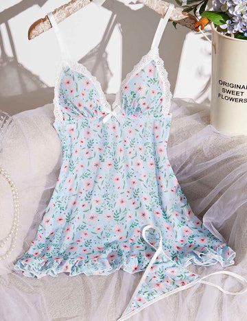 Ladies Floral V-Neck String Shoulder Sleeveless Ruffle Chemise Set