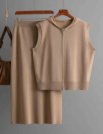 Ladies Hooded Zipper Sleeveless Knit Top & Skirt Set