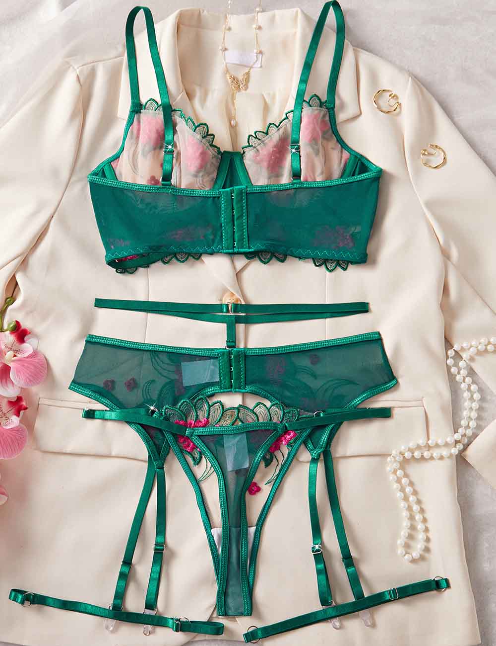 Ladies Sexy Floral Embroidery Mesh Garter 3PCS Lingerie Set