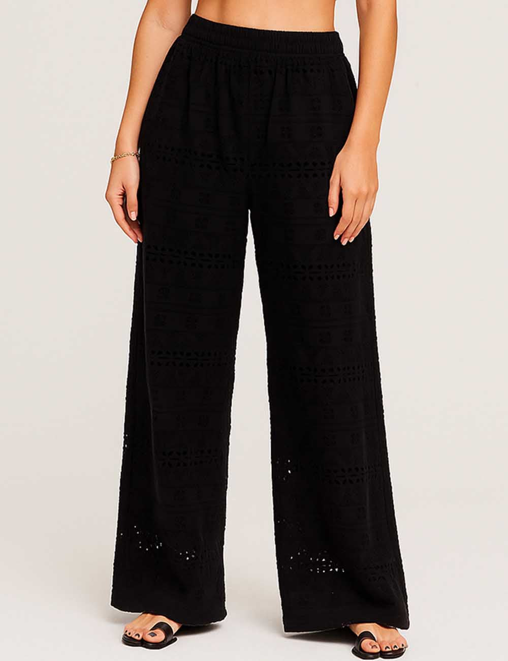 Ladies Embroidery Hollow Out Elastic Waist Straight Leg Pants