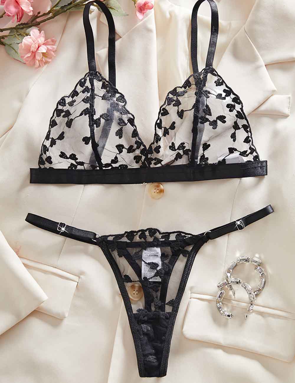 Ladies Sexy Heart Embroidery See Through Lingerie Set