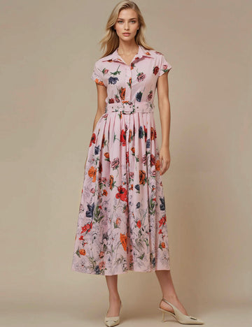 Ladies Turndown Collar Floral Print Midi Shirt Dress JD1004