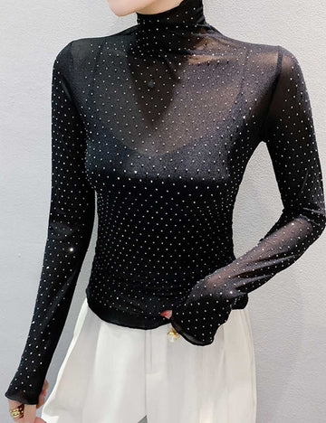 Ladies Turtleneck Rhinestones Mesh Long Sleeves Layering Top