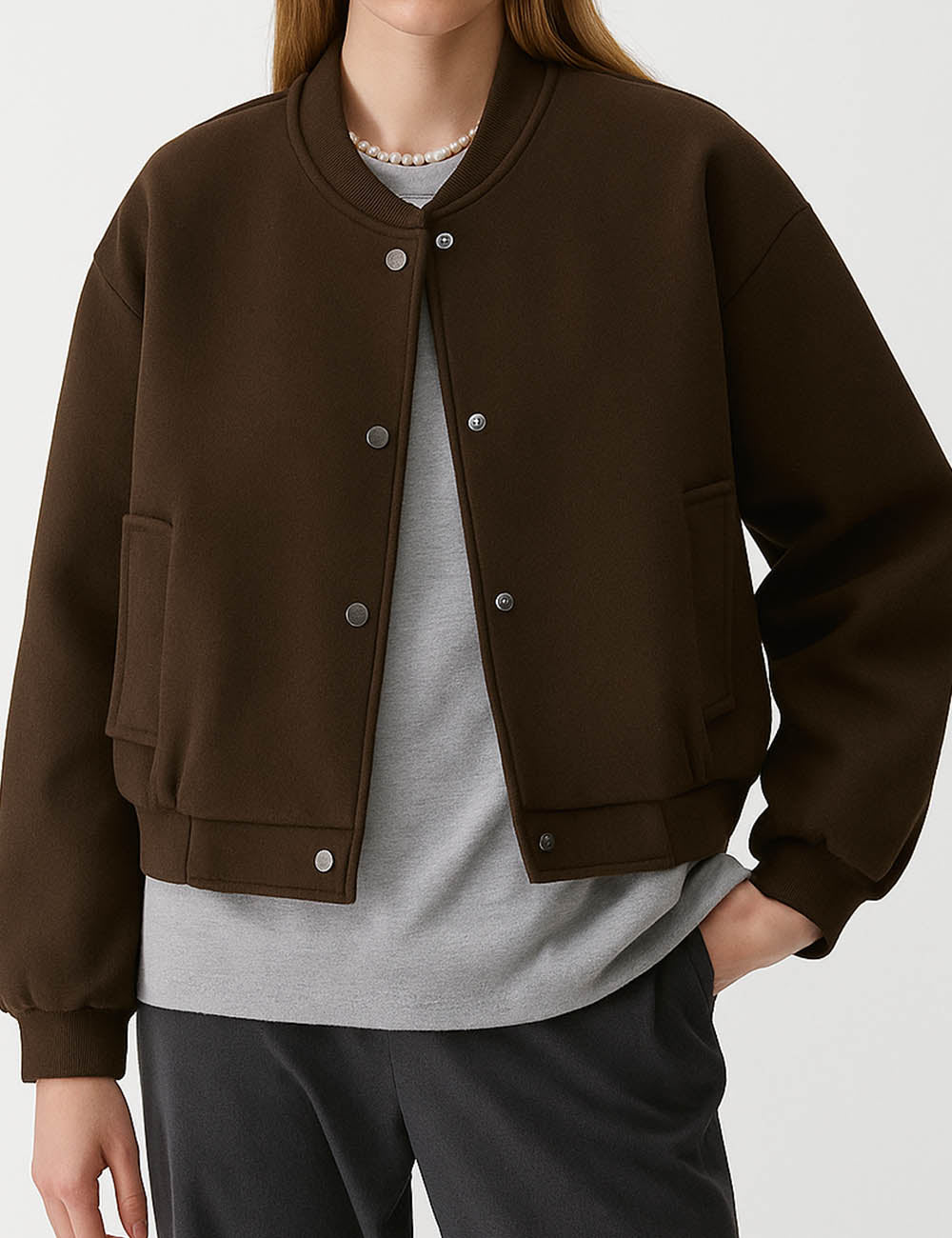 Ladies Baseball Collar Button Front Long Sleeves Jacket