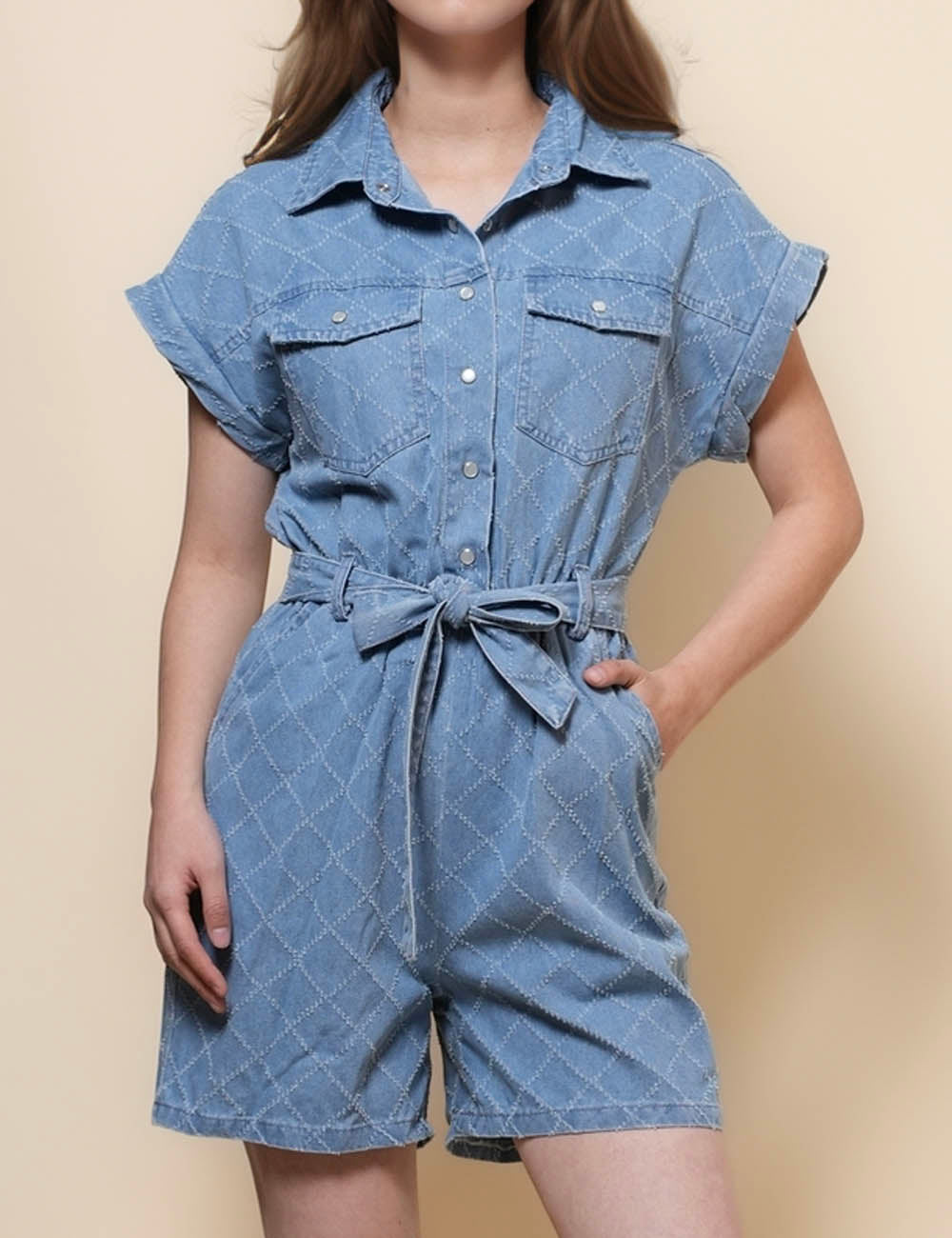 Ladies Argyle Pockets Denim Romper SKJ50062