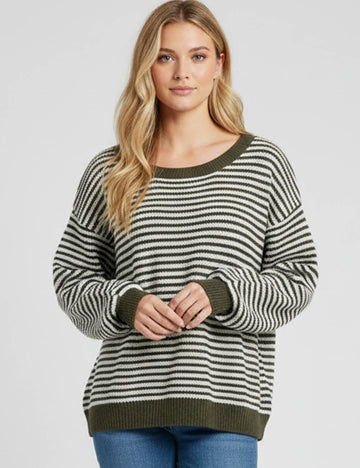 Ladies Striped Pullover Round Neck Lantern Sleeves Knit Sweater