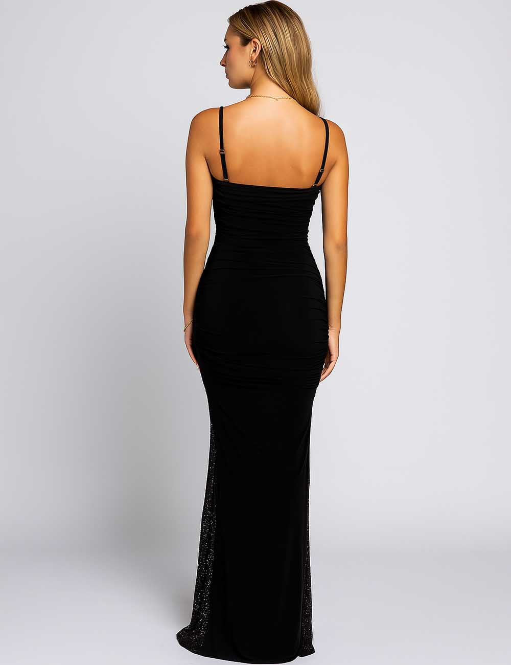 Ladies Party Ruched Rhinestone Spaghetti Strap Bodycon Maxi Dress