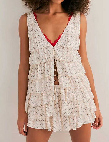 Ladies V-Neck Button Polka Dot Ruffle Top & Skort Set