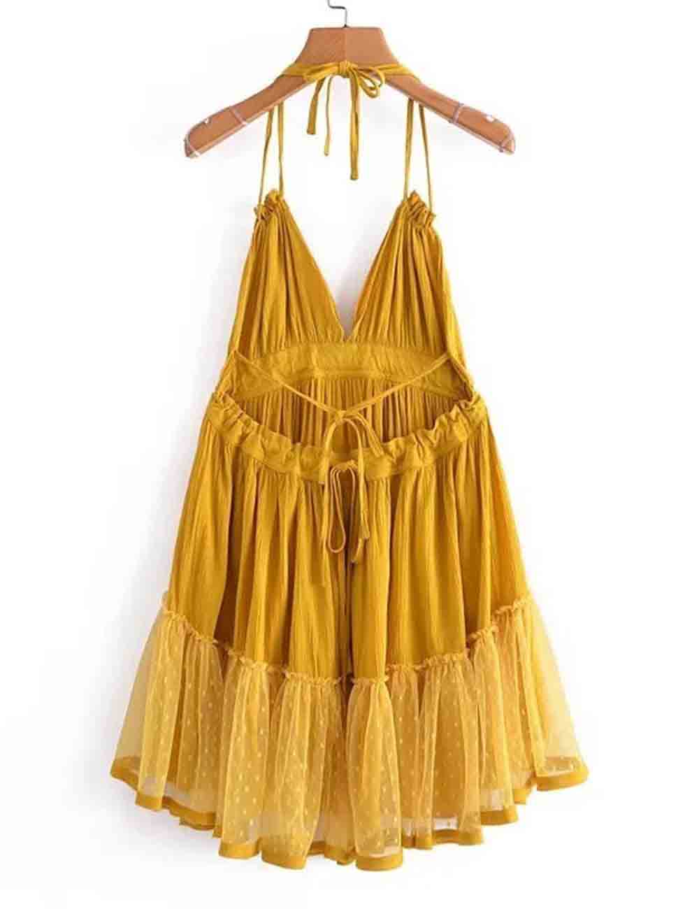 Ladies Solid Color V-Neck Mesh Dot Halter String Shoulder Mini Dress