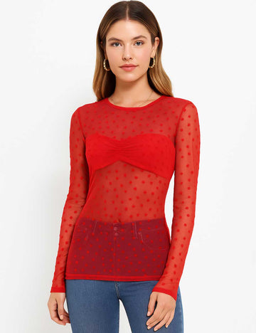 Women Heart See Through Long Sleeves Mesh Blouse