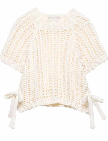 ladies Round Neck Short Sleeves Bowknot Chunky Sweater