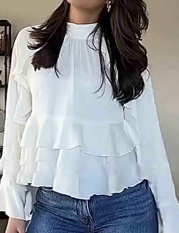 Ladies Stand Collar Tiered Ruffle Long Sleeves Blouse