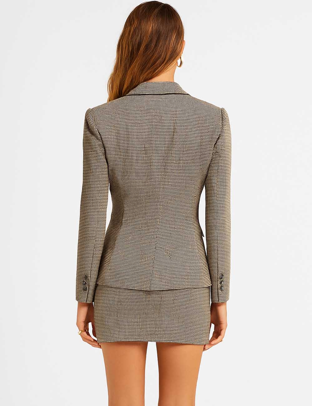 Ladies Plaid Notched Lapel Blazer & Skirt 2PCS Set