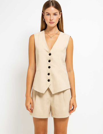 SWEETKAMA Ladies Official Solid Color V-Neck Vest and Shorts Set 1052