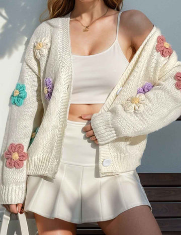 Ladies Flower Embroidery Long Sleeves Button Cardigan