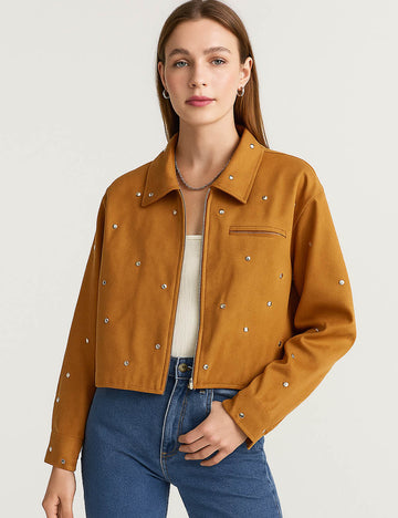 Ladies Faux Suede Studded Zipper Front Cropped Jacket