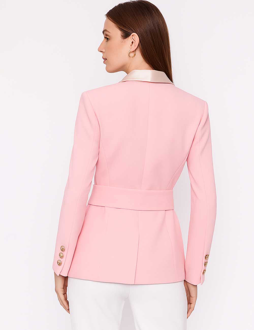 Ladies Solid Color Waist Belt Double Breast Long Blazer